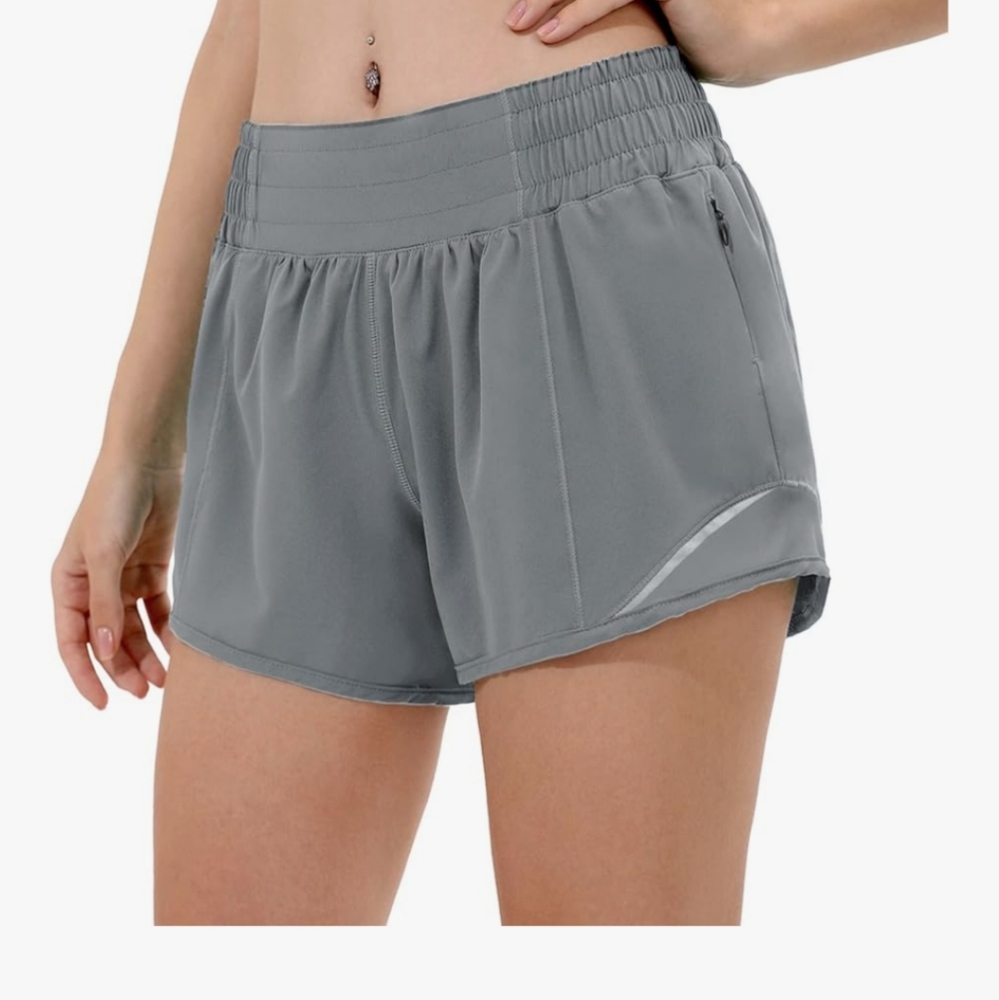 Hugh Waisted Gray Women's Athletic Shorts With Liner And Zip Pockets 4inch New